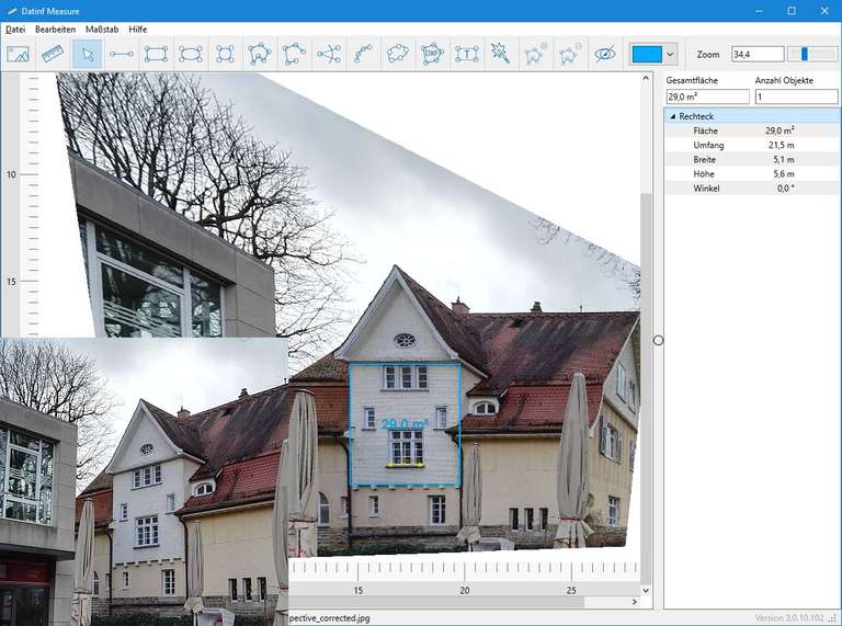 Dat-inf Measure screenshot with a distorted and corrected building facade