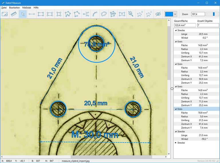 Dat-inf Measure screenshot with a technical drawing of a turnbuckle